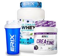 ERIX Nutrición Pack Muscular: Whey Plus Ultimate 1Kg+ Creatina Monohidrato Neutra 500g+ Shaker, Proteína Concentrada de Suero Leche, Aumento de Fuerza, Rendimiento y Recuperación (Yogur+arándanos)