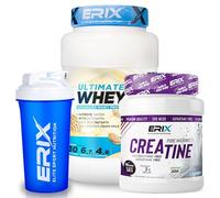 ERIX Nutrición Pack Muscular: Whey Plus Ultimate 1Kg+ Creatina Monohidrato Neutra 500g+ Shaker, Proteína Concentrada de Suero Leche, Aumento de Fuerza, Rendimiento y Recuperación (Galleta)