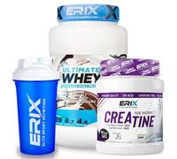 ERIX Nutrición Pack Muscular: Whey Plus Ultimate 1Kg+ Creatina Monohidrato Neutra 500g+ Shaker, Proteína Concentrada de Suero Leche, Aumento de Fuerza, Rendimiento y Recuperación (Choco+coco)