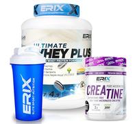 ERIX Nutrición Pack Muscular: Whey Plus Ultimate 2Kg+ Creatina Monohidrato Neutra 300g+ Shaker, Proteína Concentrada de Suero Leche, Aumento de Fuerza, Rendimiento y Recuperación (Galleta negra)