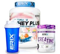 ERIX Nutrición Pack Muscular: Whey Plus Ultimate 2Kg+ Creatina Monohidrato Neutra 300g+ Shaker, Proteína Concentrada de Suero Leche, Aumento de Fuerza, Rendimiento y Recuperación (Fresa)