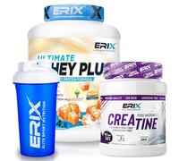 ERIX Nutrición Pack Whey Plus Ultimate 2Kg+ Creatina Monohidrato Neutra 500g+ Shaker Azul, Proteína Concentrada de Suero Leche, Aumento de Fuerza, Rendimiento y Recuperación Muscular (Caramelo Salado)