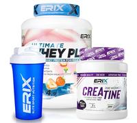 ERIX Nutrición Pack Whey Plus Ultimate 2Kg+ Creatina Monohidrato Neutra 500g+ Shaker Azul, Proteína Concentrada de Suero Leche, Aumento de Fuerza, Rendimiento y Recuperación Muscular (Fresa)