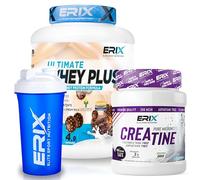 ERIX Nutrición Pack Whey Plus Ultimate 2Kg+ Creatina Monohidrato Neutra 500g+ Shaker Azul, Proteína Concentrada de Suero Leche, Aumento de Fuerza, Rendimiento y Recuperación Muscular (Bombón Hazelnut)