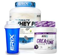 ERIX Nutrición Pack Whey Plus Ultimate 2Kg+ Creatina Monohidrato Neutra 500g+ Shaker Azul, Proteína Concentrada de Suero Leche, Rendimiento y Recuperación Muscular (Galleta Negra de Chocolate)