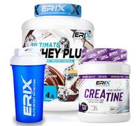 ERIX Nutrición Pack Whey Plus Ultimate 2Kg Sabor Chocolate Negro con Coco + Creatina Monohidrato Neutra 500g + Shaker Azul, Proteína Concentrada de Suero Leche, Aumento Fuerza y Recuperación Muscular