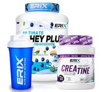 ERIX Nutrición Pack Whey Plus Ultimate 2Kg, Sabor Yogur Griego con Arándanos+ Creatina Monohidrato Neutra 500g+ Shaker Azul, Proteína Concentrada de Suero Leche, Aumento Fuerza, Recuperación Muscular