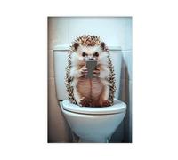 Erizo sentado en el inodoro viendo el teléfono, divertida decoración de pared de baño, foto de animales de estilo vintage, humor de inodoro, Ai Art-1