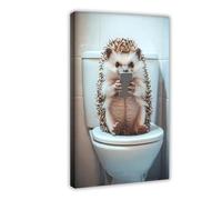 Erizo sentado en el inodoro viendo el teléfono, divertida decoración de pared de baño, foto de animales de estilo vintage, humor de inodoro, Ai Art-1