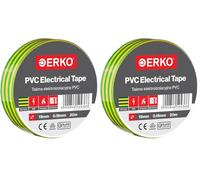 ERKO Cinta aislante Amarillo-verde PVC 19mm x 20m Reparación de conductos eléctricos, Alta flexibilidad con fuerte adhesión, Resistente a productos químicos, Cloruro de Polivinilo (Paquete de 2)