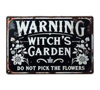ERLOOD Letrero de metal con texto en inglés "Warning Witch's Garden Do Not Pick The Flowers" para decoración de pared, hogar, jardín, cocina, 8 x 12 pulgadas