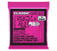 Ernie Ball Super Slinky Classic Rock n Roll - Cuerdas para guitarra eléctrica, envoltura de níquel puro, 3 paquetes, calibre 9-42