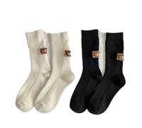 ERQIAO 2 pares de calcetines de lana de cachemira para mujer, calcetines de invierno sólidos, cálidos, gruesos, con logotipo bordado, calcetines casuales para botas de nieve (9101, blanco y negro),