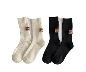 ERQIAO 2 pares de calcetines de lana de cachemira para mujer, calcetines de invierno sólidos, cálidos, gruesos, con logotipo bordado, calcetines casuales para botas de nieve (9101, blanco y negro),