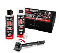 ERRECOM Clean&Lube Kit Cadena Moto Racing; Desengrasante Cadena Alta Presión 500mL+ Lubrificante Cadena Moto Carrera Alto Rendimiento 500mL+ Huggie System y Extensión90°+Cepillo+ Guantes