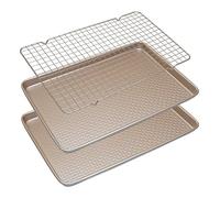 Erreke Bandejas de Horno, Doble Capa Antiadherente, Acero de Carbono Heavy Duty Grosor 0.8mm, Superficie Diseño Diamante, Set de Dos Bandejas de Horno y Una Rejilla, 40x27x2,4 cm, Color Dorado