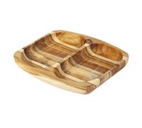 Erreke Bandejas para Servir Comida, Bandeja Madera, Madera de Teca Natural, Rectangular y Resistente, Ideal Carnes, Pollo, Embutidos, Tapas, Cuenco para Salsas, 2 Compartimientos, 24.5x21.5x2.4 cm