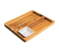 Erreke Bandejas para Servir Comida, Bandeja Madera, Madera de Teca Natural, Rectangular y Resistente, Ideal Carnes, Pollo, Embutidos, Tapas, Cuenco para Salsas, 3 Compartimientos, 28x23x3.4 cm