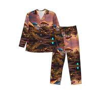 ERSDWRE Conjunto de pijama de manga larga con botones y estampado de hongos mágicos para hombre, ropa de descanso cálida, Negro, M