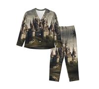 ERSDWRE Horrible Fairy Tale Castle02 - Conjunto de pijama para mujer, con botones, manga larga, pantalones largos, para mujer, Negro, S