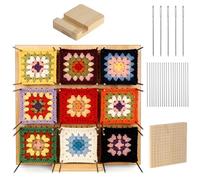 ErShiPing Tabla de Bloqueo para Ganchillo, 20 x 20 cm Tablas de Bloqueo de Madera, Tablero de Bloqueos para Granny Square Proyectos de Ganchillo, con 1 Base, 10 Varillas de Acero, 5 Agujas de Ojal