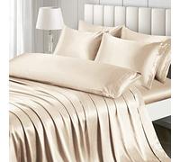 Ersmak Juego de sábanas de satén de 7 Piezas tamaño California King, Juego de sábanas de satén Beige Sedoso de Lujo con 1 sábana Bajera de Bolsillo Profundo, 1 sábana encimera Suave, 4 Fundas de