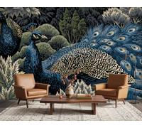 ERUGWHNK Papel Pintado Vintage de Pavo Real Azul, Mural botánico exótico de Bosque Oscuro para salón y Dormitorio, Arte Decorativo no Tejido de 400x280 cm.