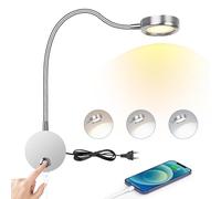 ERWEY Lámpara de lectura de pared, lámpara de noche LED dormitorio aplique con botón táctil luz ajustable 3000 K-6000 K, 4 W 360 ° lámpara de cuello de cisne flexible con puerto de carga USB, Plata