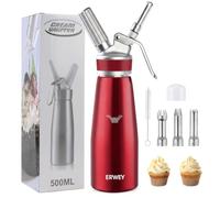 ERWEY Sifón de Cocina 500ML Aluminio Dispensador Crema con 3 Boquillas | Sifon Cocina Profesional, Sin Fugas, Sifones Cocina para Espumas Postres y Nata Montar, Rojo