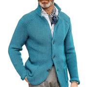 Erwin - Cárdigan de Punto Grueso, suéteres Tipo cárdigan de Cuello Alto y Manga Larga para Hombre, suéter de Punto Ajustado con Botones térmicos y Bolsillos (Azul Cielo,L)