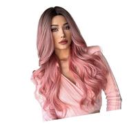 ERYUE Peluca Larga y Rizada de Color Rosa, Postizo Elegante de Encaje Sintético para Mujeres y Niñas Encantadoras (Rosa #-1)
