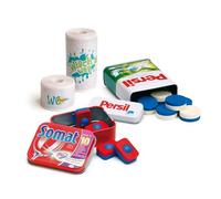 Erzi Juego de pastillas para lavavajillas Somat y detergente Persil en lata, rollo de cocina y papel higiénico, juego de rol
