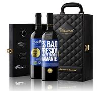 «Es bajo presión donde se crean los diamantes» Mensaje en una Botella. Estuche-Maletín de LUJO 2x Vino Tinto Premium Reserva 12 Meses y Set de 4 Accesorios. Etiqueta Azul PERSONALIZABLE
