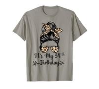 Es mi 34 cumpleaños Happy 34 Years Old Messy Bun Leopard Camiseta
