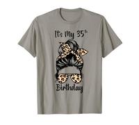 Es mi 35 cumpleaños Happy 35 Years Old Messy Bun Leopard Camiseta