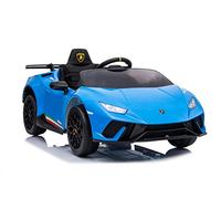 ES-TOYS Huracan - Coche eléctrico infantil (batería de 12 V, 2 motores, mando a distancia de 2,4 GHz, MP3, asiento de piel+EVA, color azul)