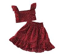 es-uk Conjunto de falda y top para niñas, camiseta corta de lunares y falda para niñas de 5 a 12 años, trajes de discoteca, traje de baile, vestidos de verano, rojo oscuro, 11-12 años