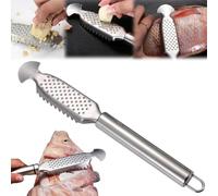 Escalador de pescado de acero inoxidable 2 en 1 + rallador de jengibre, escalador de pescado de acero inoxidable con mango para colgar, para una fácil descalcificación (B, 1 unidad)