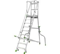 Escalera de aluminio móvil con tarima plegable, con peldaños de aluminio acanalados