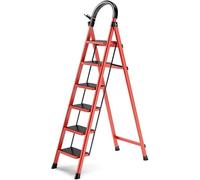 Escalera de extensión plegable y ligera de 6 peldaños, acero con pedal ancho antideslizante y empuñadura, multiusos para el hogar, oficina, cocina, taburete (color: rojo)