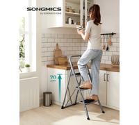 Escalera de tijera SONGMICS, escalera de 3 escalones, escalera plegable, cerradura de seguridad, almacenamiento que ahorra espacio, 150 kg, gris paloma/simiply blanco Gris Paloma