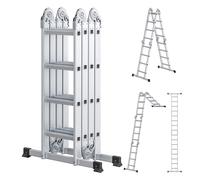 SONGMICS Escalera de Tijera, Escalera de Aluminio, Doméstica, 4 x 4 Peldaños, Carga de 150 kg, 16 Peldaños, Diseño 6 en 1, 430 cm de Largo, Plata GLT046E01
