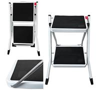 Escalera plegable, 2 escalones, plegable, escalera con alfombrilla de goma antideslizante, escalera plegable de acero, soporta hasta 150 kg