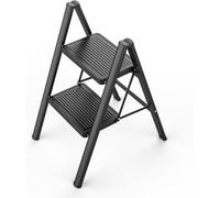 Escalera plegable de 2 peldaños para cocina, bricolaje y jardinería, escalera de acero resistente, capacidad de 150 kg con gran plataforma antideslizante, escalera portátil y fina, negra