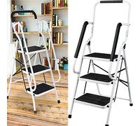 Escalera plegable de 3 peldaños con pasamanos, portátil, plegable, con alfombrilla antideslizante, fácil almacenamiento, pedal ancho antideslizante, patas de seguridad, taburete robusto, soporta hasta