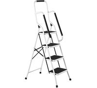 Escalera plegable de 4 escalones de acero resistente con banda de rodadura antideslizante y barandilla de seguridad antideslizante, 5 años de garantía
