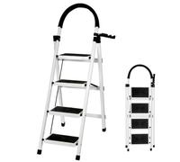 Escalera Plegable de Acero con 4 Peldaños, Escalera Doméstica Antideslizante con Barandilla para Cocina, Hogar y Oficina - Blanco