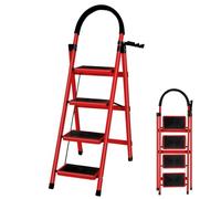 Escalera Plegable de Acero con 4 Peldaños, Escalera Doméstica Antideslizante con Barandilla para Cocina, Hogar y Oficina - Rojo