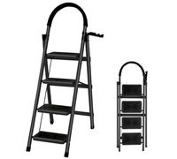 Escalera Plegable de Acero con 4 Peldaños, Escalera Doméstica Antideslizante con Barandilla para Cocina, Hogar y Oficina - Negro