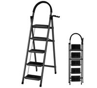 Escalera Plegable de Acero con 5 Peldaños, Escalera Doméstica Antideslizante con Barandilla para Cocina, Hogar y Oficina - Negro